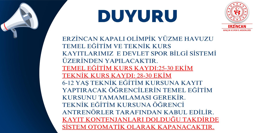 KAPALI OLİMPİK YÜZME HAVUZU KURS KAYITLARI BAŞLIYOR