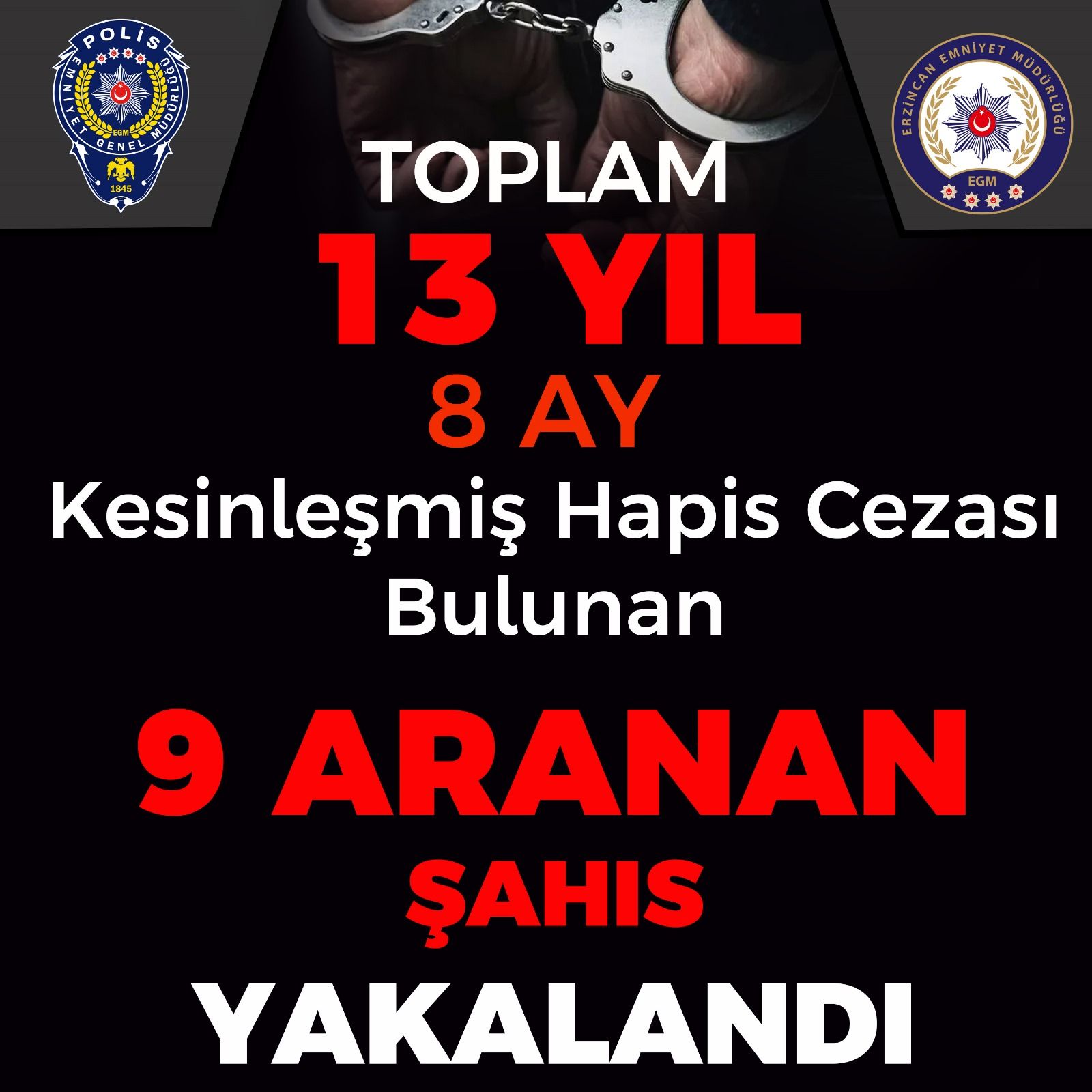 İL EMNİYET MÜDÜRLÜĞÜ ARANAN ŞAHISLARA YÖNELİK OPERASYON DÜZENLEDİ: 9 KİŞİ YAKALANDI