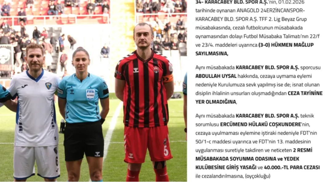 TFF’den Erzincanspor – Karacabey Maçı İçin Hükmen Mağlubiyet Kararı
