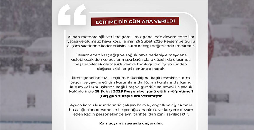 Yoğun Kar Yağışı Nedeniyle Erzincan’da Okullar Tatil