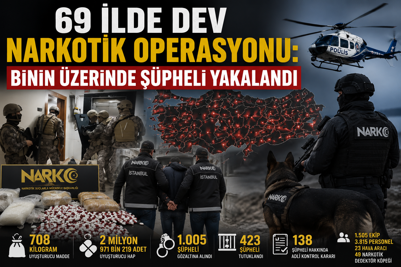 69 İlde Dev Narkotik Operasyonu: Binin Üzerinde Şüpheli Yakalandı