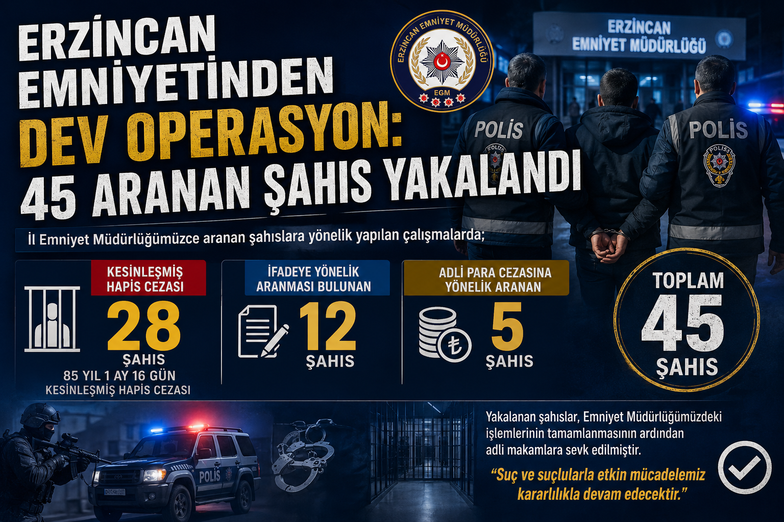 Erzincan Emniyetinden Dev Operasyon: 45 Aranan Şahıs Yakalandı