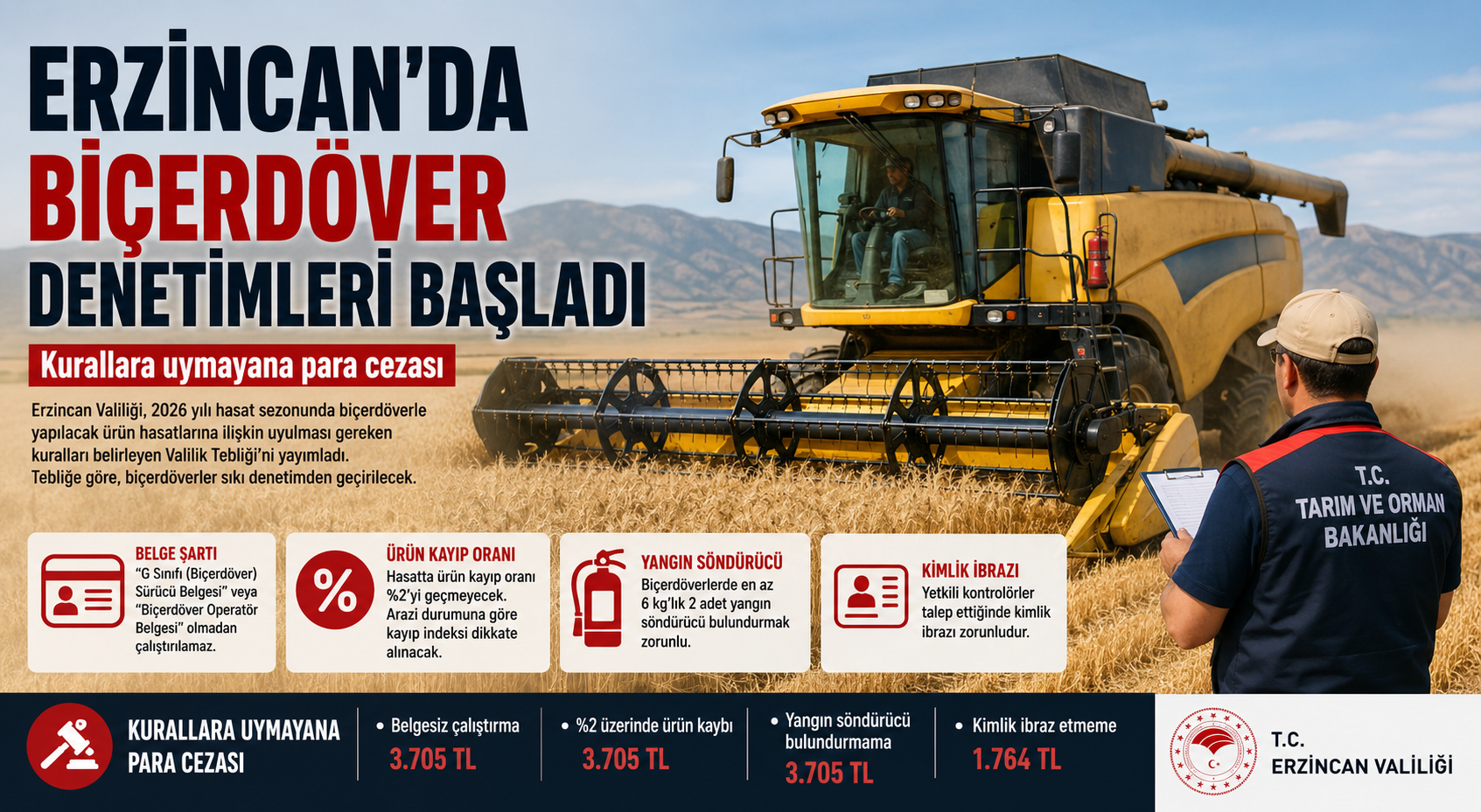 Erzincan’da Biçerdöver Denetimleri Başladı: Kurallara Uymayana Para Cezası