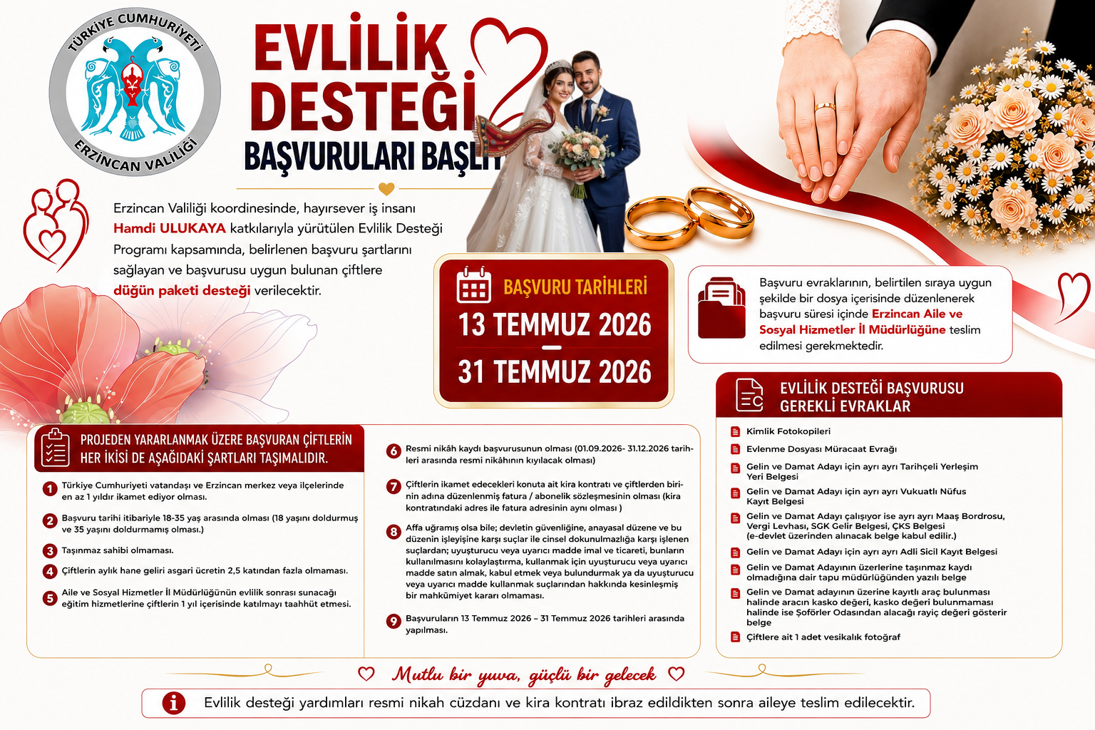 Erzincan’da Evlilik Desteği Başvuruları 13 Temmuz’da Başlıyor